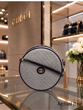 Gucci Blue GG Canvas Round Crossbody Gold Tassel-She’s Not Square,Never Has Been